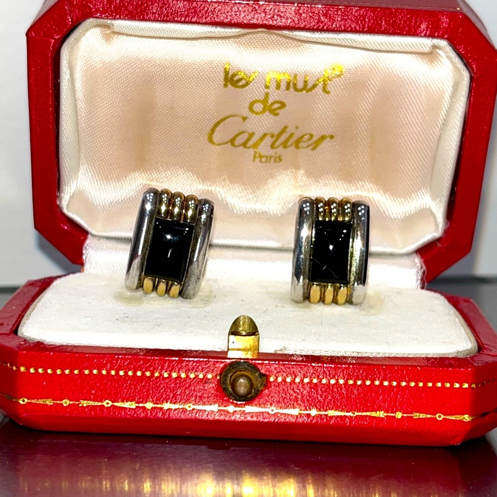 Auth Vintage Cartier 18k SS onyx cuff links